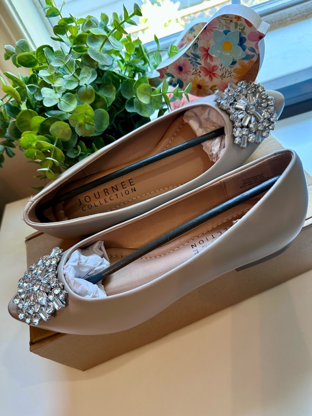 Journee Collection Beige Crystal-Embellished Ballet Flats